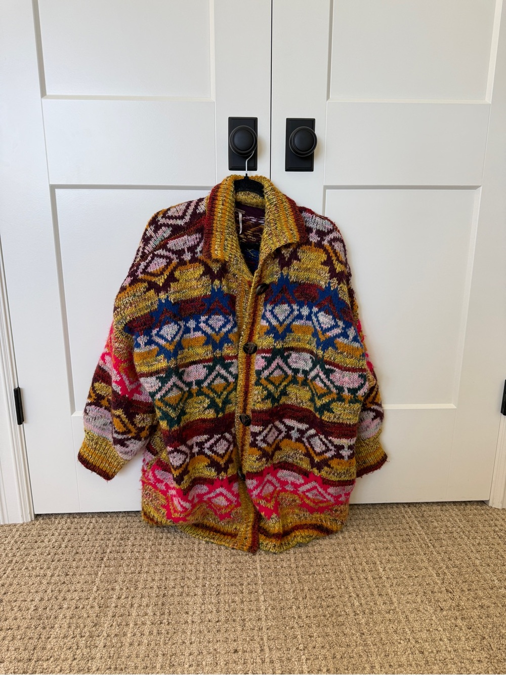 Free People Multicolor Knit Cardigan with Yellow, Blue & Burgundy Accents